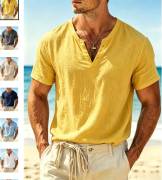 Men's Cotton Linen Henley Short Sleeve Shirt