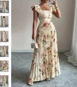 Elegant Beige Floral Pleated Midi Dress